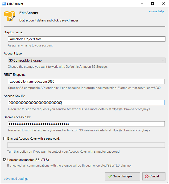 Screenshot of the Edit Account Dialog in S3 Browser